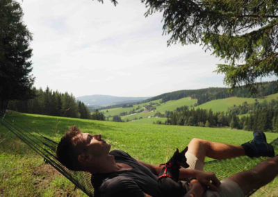 Mann und Hund entspannen in der Hängematte mit Ausblick auf die Region Joglland-Waldheimat