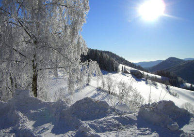 Ausblick auf die schneebedeckte Landschaft in der Region